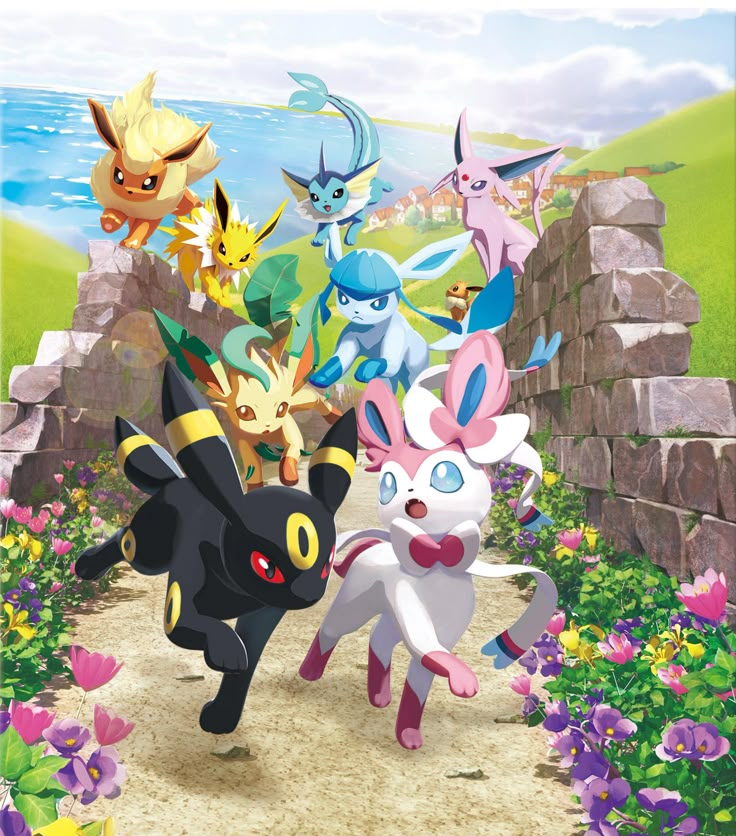 Imagen eevee junto a sus evoluciones
